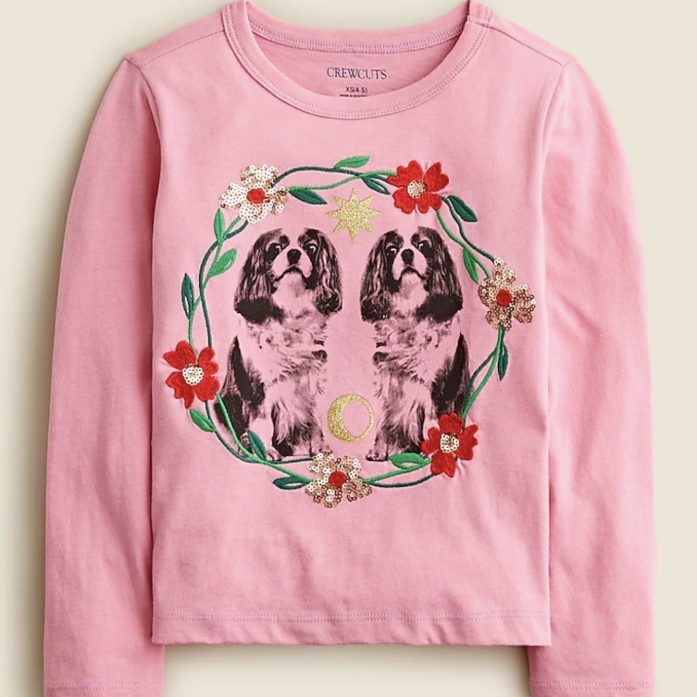 J.Crew Crewcuts Girls' long-sleeve dog crest embroidered sequin tee BNWT SO